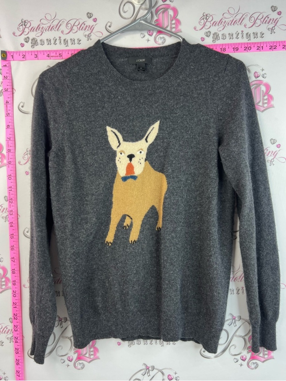 J. Crew sweater bulldog rabbit hair wool Gray Knit Sweater with Tan Dog Intarsia
